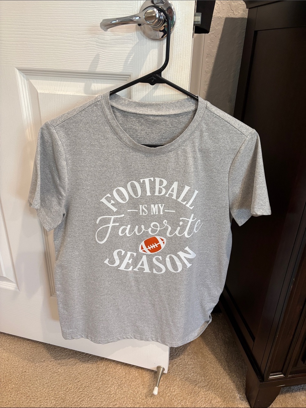 SHEIN Gray Short Sleeve Tee with White Script and Orange Football Graphic